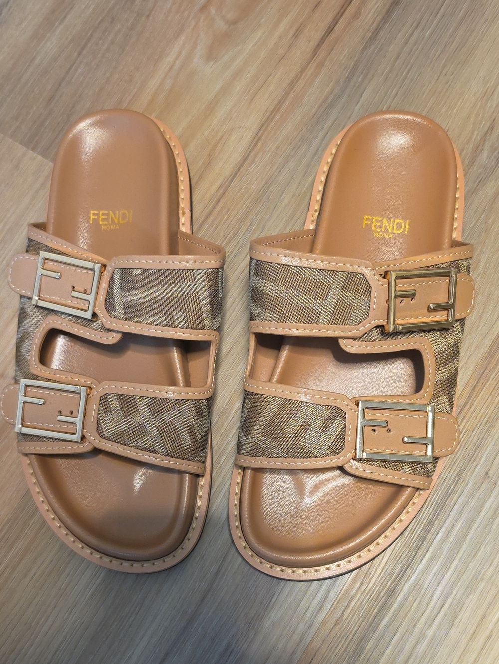 Fendi Brown Monogram Double-Buckle Slide Sandals